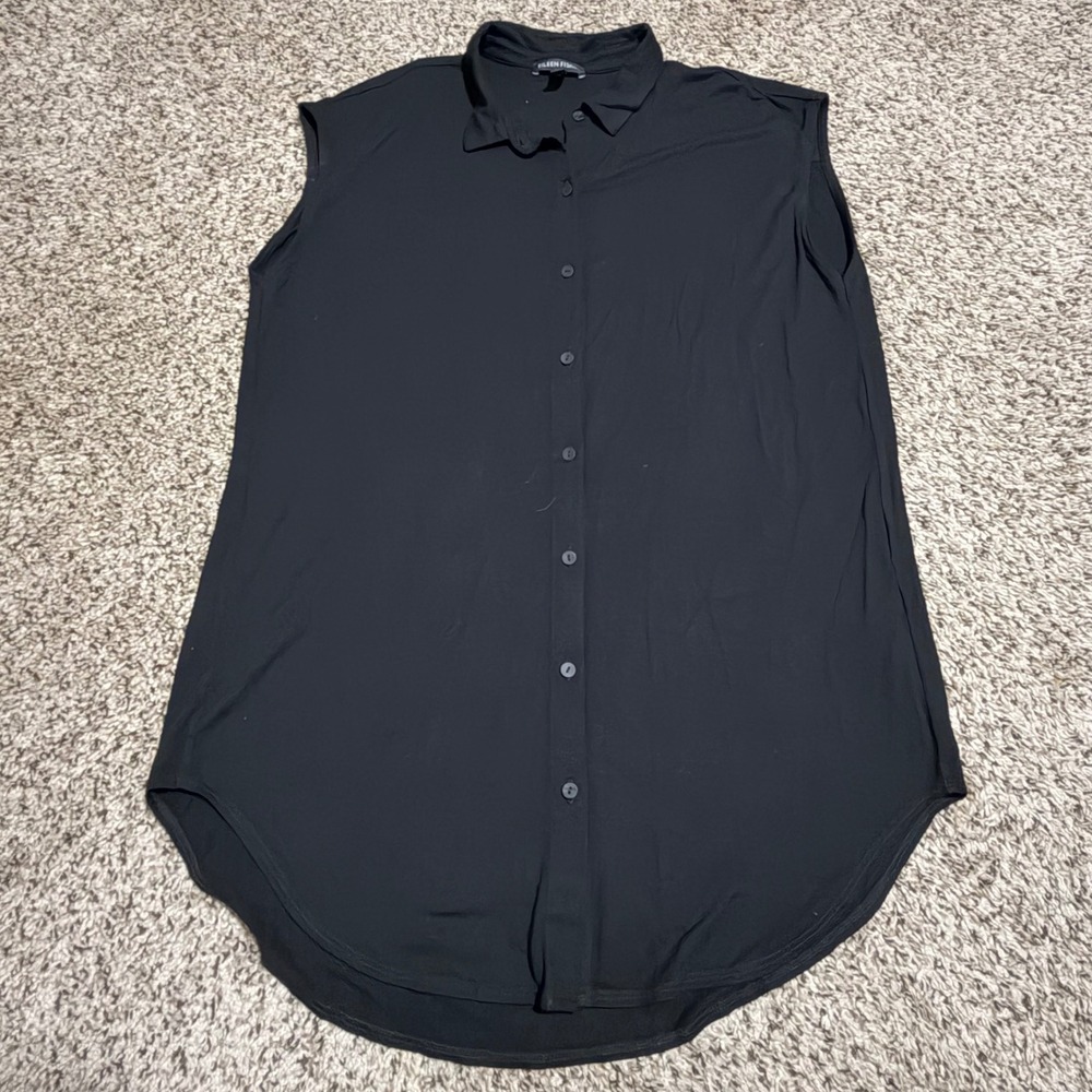 Eileen Fisher Black Viscose Stretch Sleeveless Button Down Tunic Top Small S/P